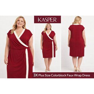 ❤️ NWT Kasper Crimson & Ivory Colorblock Faux Wrap Dress 3X ❤️